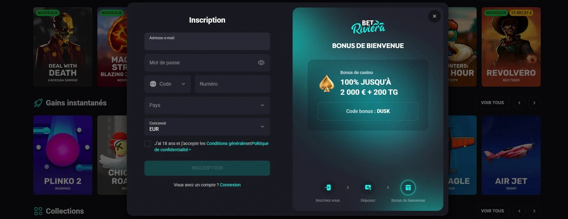 Inscription BetRiviera : formulaire et bonus de bienvenue